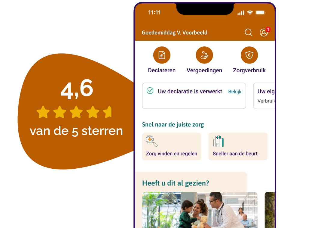 Het startscherm van de Zorgzaam Zorg app met uw openstaande facturen, de stand van uw eigen risico en uw declaratieoverzicht